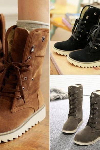 Fashion Women Winter Warm Lace Up Flat Heel Ankle Snow Boot Fleece Lined Size 36-40（sh22121001）