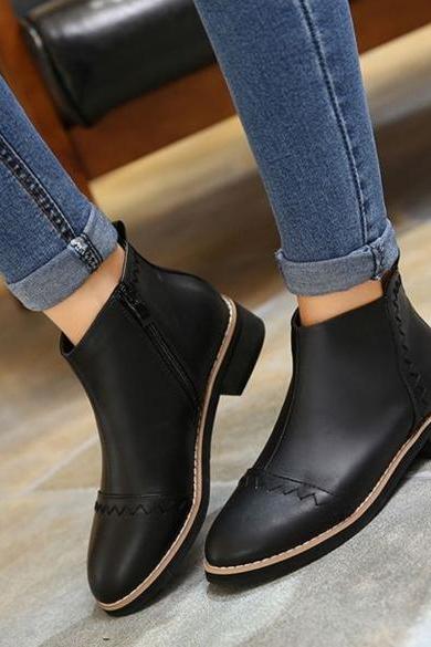 Fashion Winter Women Synthetic Leather Side Zip Ankle Boot Flat Heel Fleece Lined