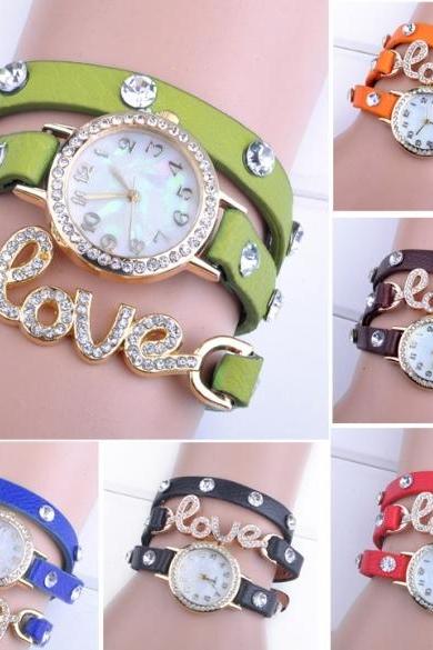 Hotsale Women Love Cz Dial Wrap Around Synthetic Leather Bracelet Quartz Wrist Watch New