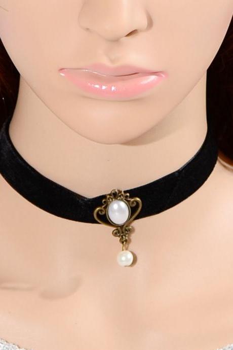Handmade velvet with white pearl necklace