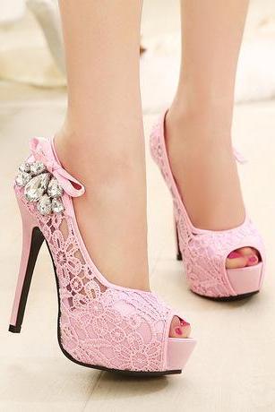 Peep Toe Lace Stiletto Heels With Ribbon And Diamante Details On The Side
