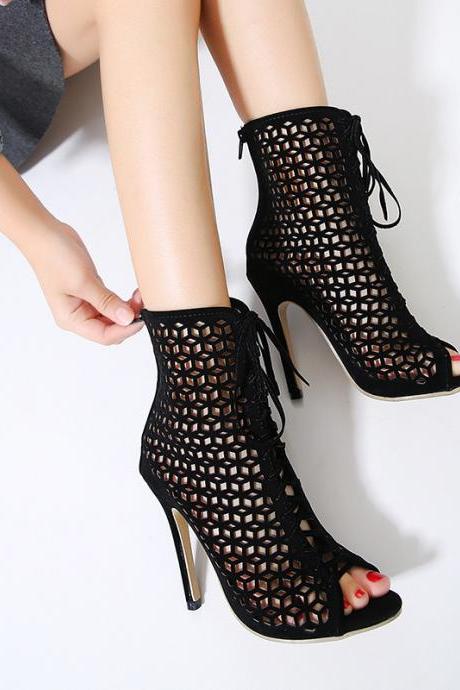Popular Hollow Out Lace Up Stiletto Heel Sandals