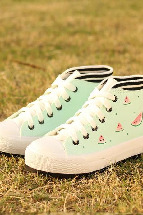Watermelon / Cat and Fish Cartoon Printed Lace-Up Sneakers 