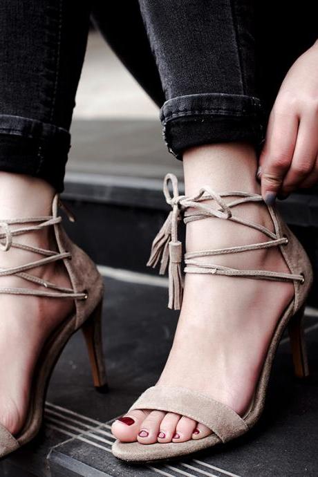 Suede Ankle Lace Up Tassel High Heeled Sandals