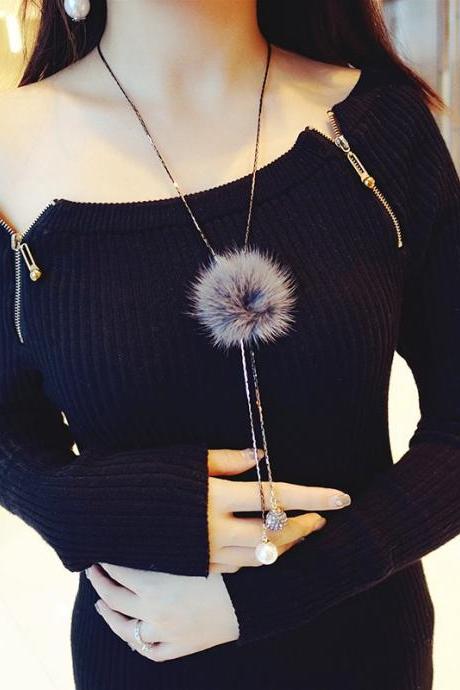Korean Winter Long Mink Fur Ball Necklace