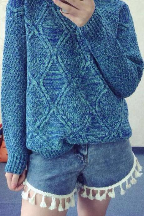 Fashion Long Sleeve Dip Hem Argyle Sweaters