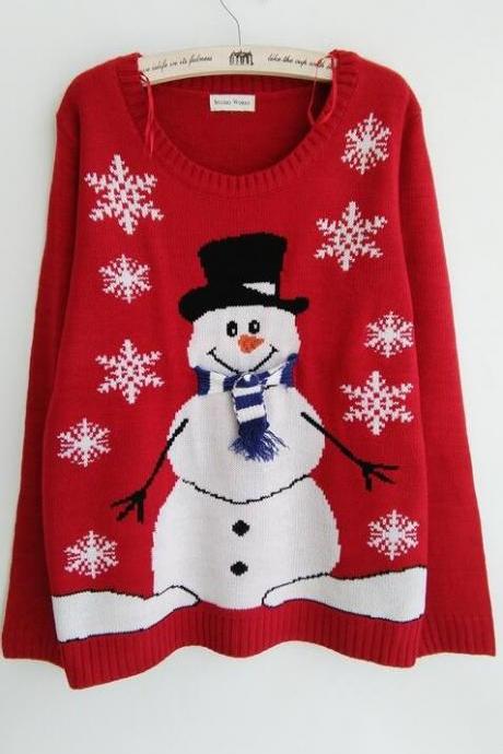 Red Christmas deer Snowflake Scoop Long Sleeve Sweater