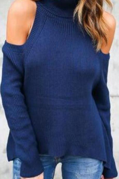 Sexy Bare Shoulder High Neck Long Sleeve Pure Color Sweater