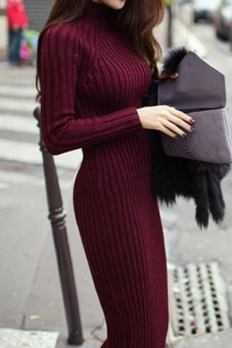 Fashion Ribbed High Neck Long Sleeve Knit Long Sweater Dress