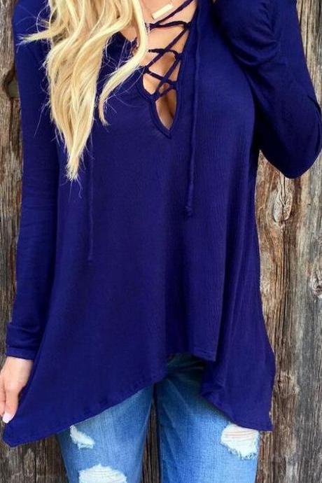 V Neck Cross Pure Color Hoodie Loose Blouse