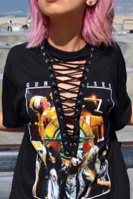Gun And Rosy Print Hollow Out Lace Up T-shirt