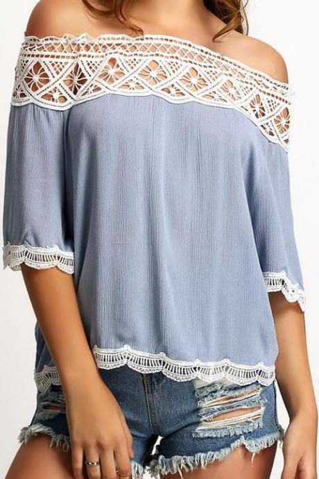 Off-Shoulder 1/2 Sleeve Lace Patchwork Chiffon Loose Blouse