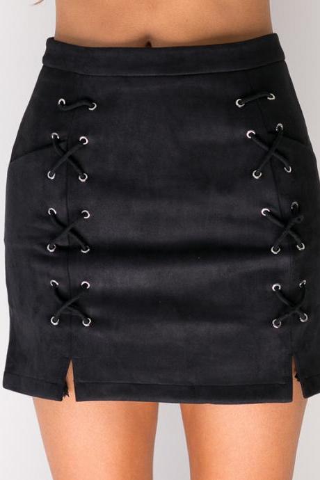 Faux Suede High Rise Lace-Up Front Short Pencil Skirt 