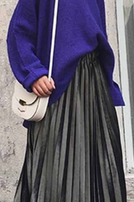 Pure Color Elastic Waist Velvet Pleated Long Skirt