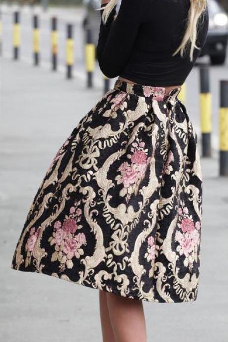 Retro Style Floral Print High Waist Pleated Flared Skirt