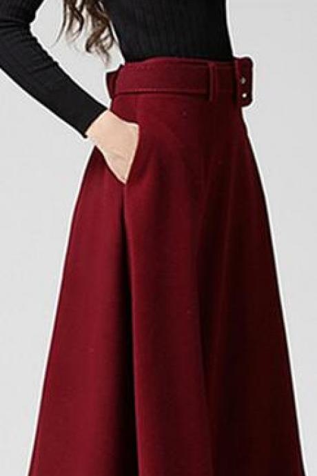 Fashion A-line Pure Color Woolen Long Skirt With Belt