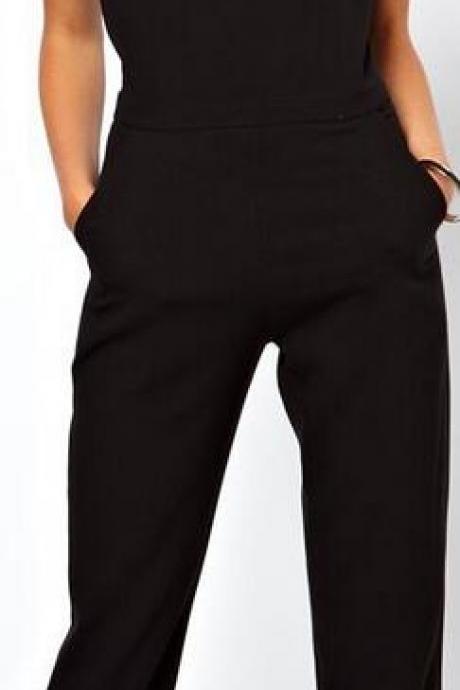 Black Scoop Sleeveless Hollow Out Back Long Jumpsuit
