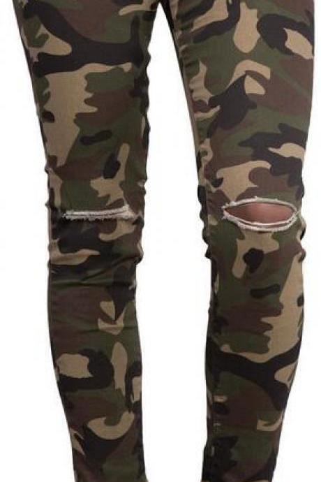 Camouflage Low Waist Split Knee Pencil Pants 