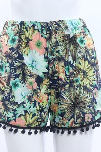 Floral Print Elastic Waist Casual Beach Shorts