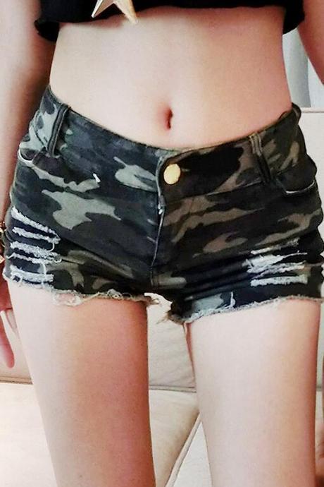 Fashion Camouflage Ripped Low Waist Women&amp;#039;s Denim Shorts