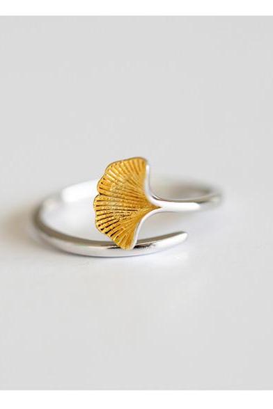 Open the gold and silver color ginkgo biloba tail ring