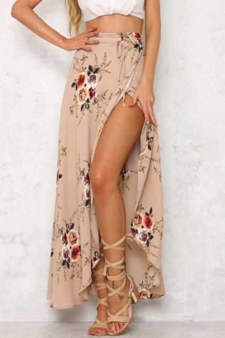 Floral Print Maxi Wrap Skirt Featuring High Slit And Ribbon Accent