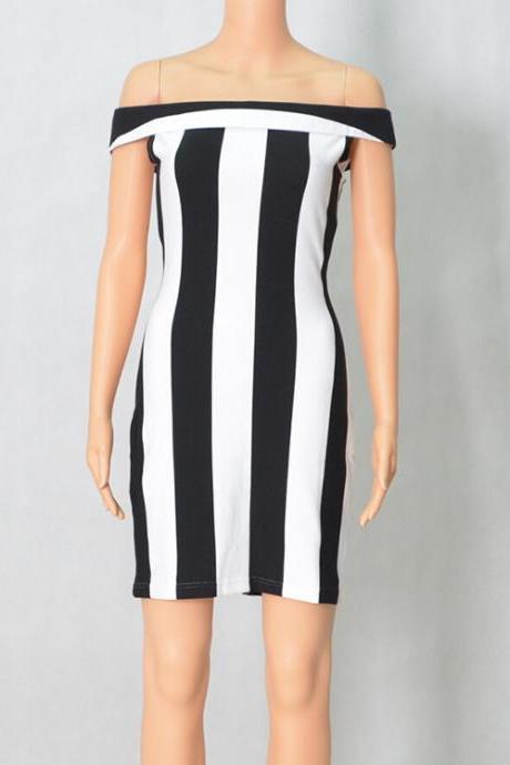 Sexy Black And White Vertical Stripes Off Shoulder Slim Package Hip Dress