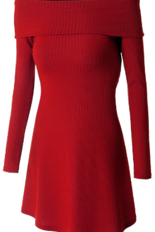 Off-Shoulder Ribbed Sheath A-line Short Long Sleeve Dress