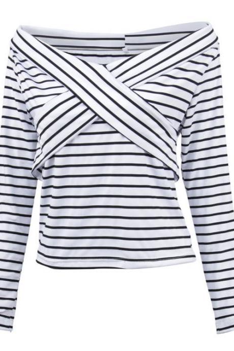  Black and White Striped Off-The-Shoulder Long Sleeved Top 