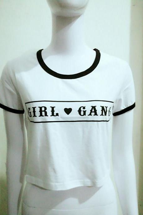 ‘Girl Gang’ Slogan White Crop Tee Featuring Crew Neckline 