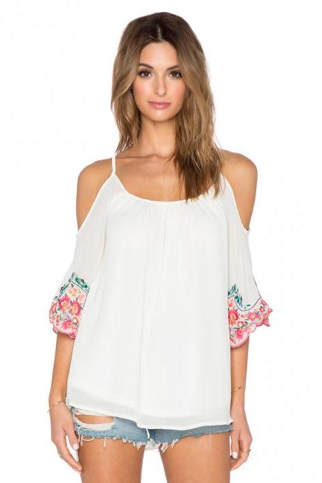 White Chiffon Cold-shoulder Blouse Featuring Floral Embroidered Sleeves