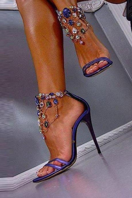 Luxurious Purple Rhinestone Ankle Wrap Heel Sandals With Plus Size