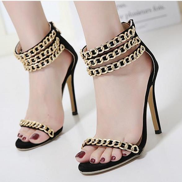 Gold Metallic Metal Chain Ankle Straps Stiletto High Heels Sandals