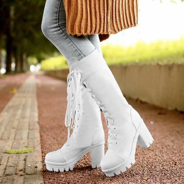 White knee high lace up boots clearance