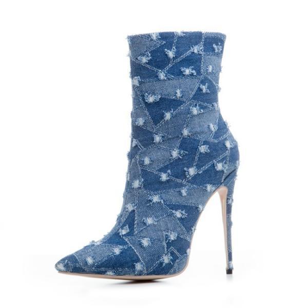 Denim Patchwork Pointed-Toe Mid-Calf High Heel Boots on Luulla
