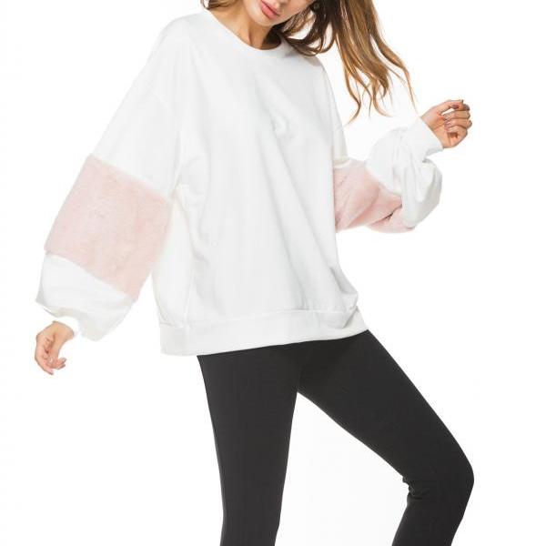 Patchwork Round Collar Long Sleeves Loose Sweatshirt on Luulla