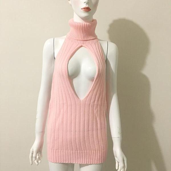 Sexy Pink Blackless Sleeveless Sweater Dress on Luulla