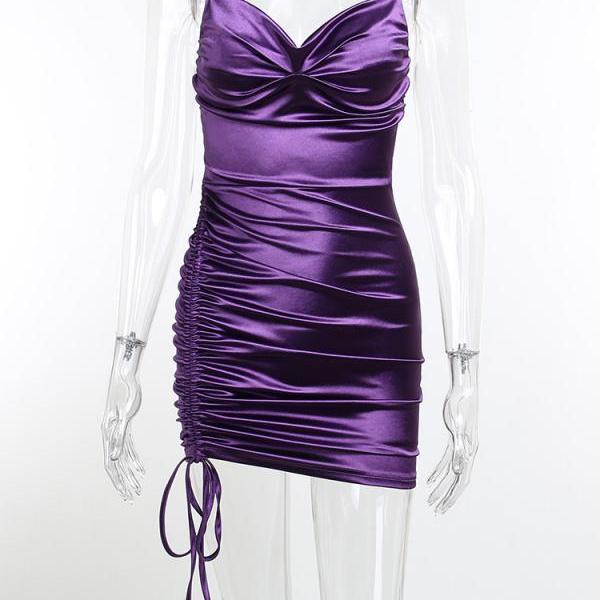 Purple Pleated Pile Collar Side Drawstring Dress