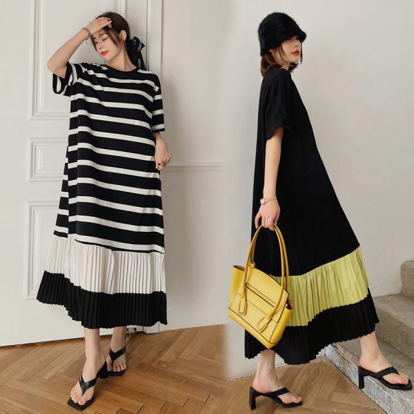 Original Split-Joint Pleats&Stripe Round-Neck Short Sleeve Midi Dress