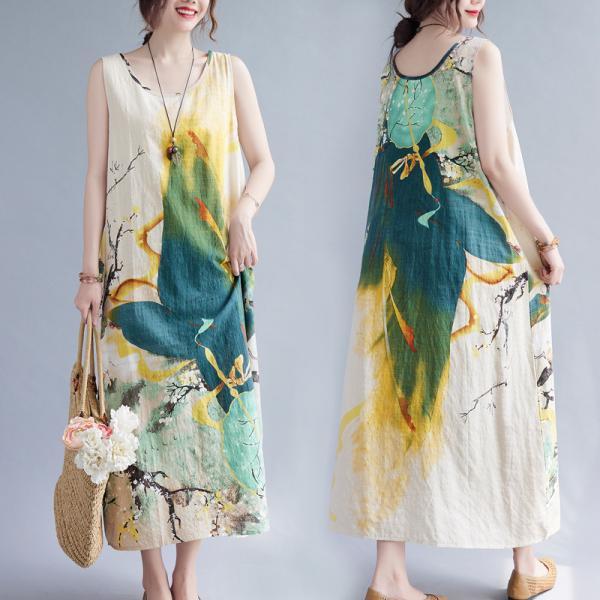 Casual Floral Printed Round-Neck Sleeveless Midi Dress