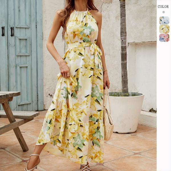 Summer French Style Floral Print Sexy Halter Neck Dress