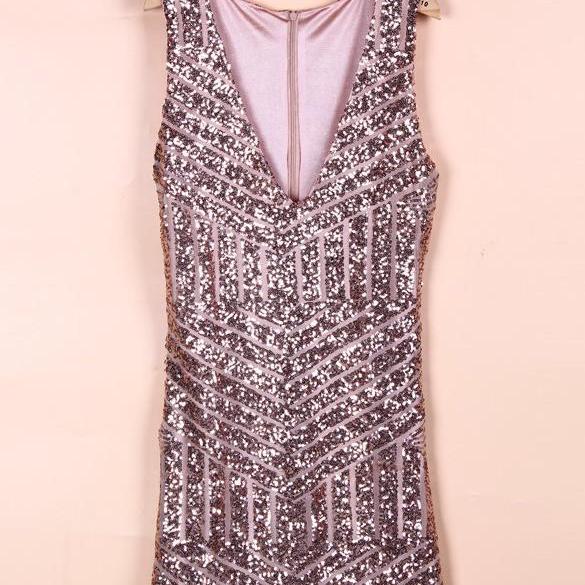 V Neck Sequined Bodycon Mini Cocktail Dress