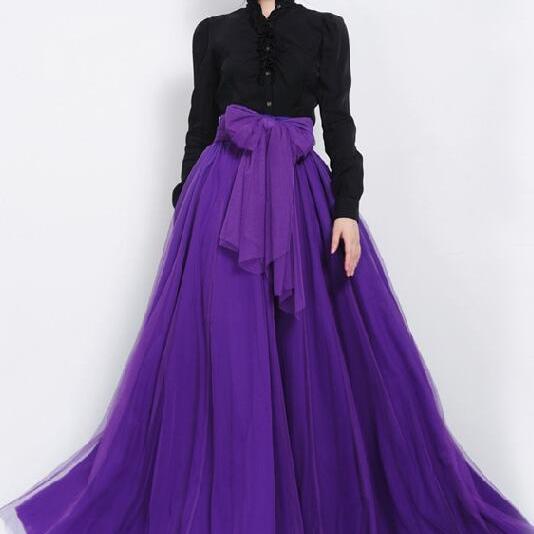 Pure Color Multi-Layer Mesh Long Skirt With Lace Belt on Luulla