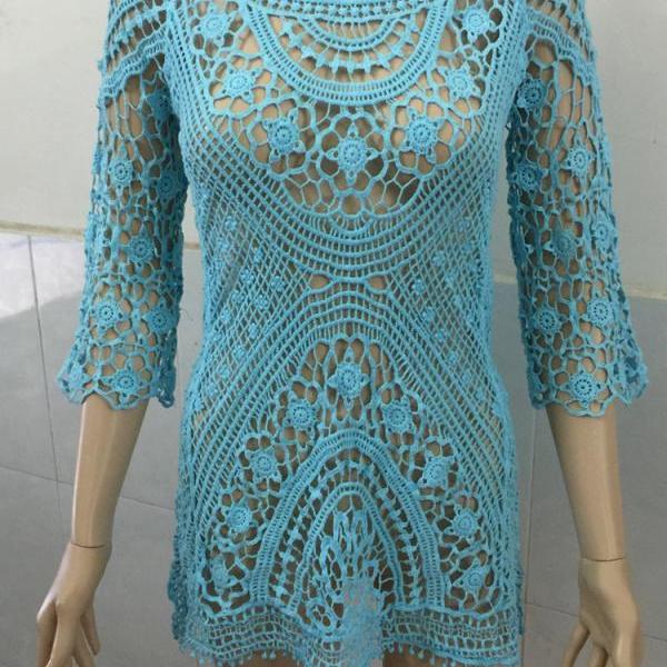Pure Color Crocheting Hollow Out Lace Short Beach Cover Up Dress on Luulla