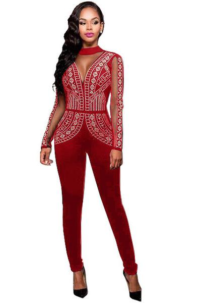 Transparent Patchwork Open Back Long Sleeves Long Jumpsuit on Luulla