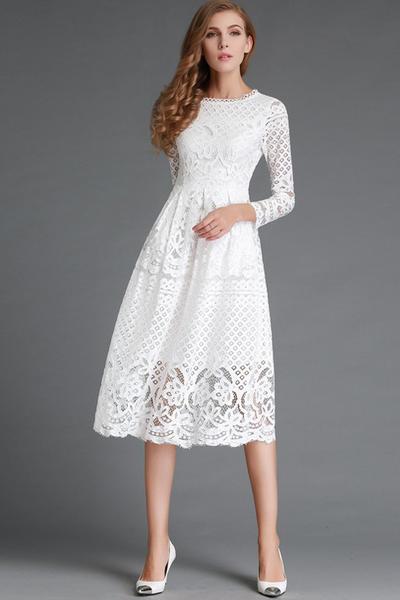 Pure Color Long Sleeves Lace Tee-length Party Dress on Luulla