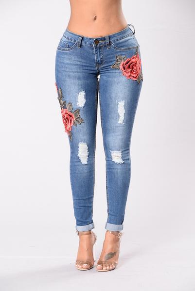 Flower Embroidery Curled Edge Long Skinny Jeans on Luulla