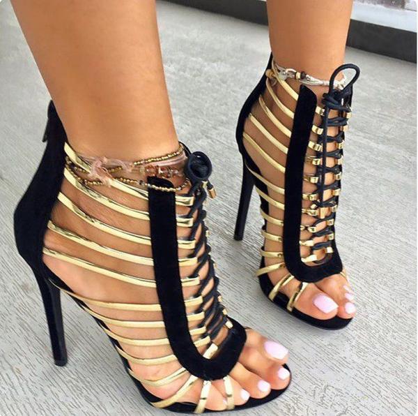 Straps Hollow Out Lace Up Open Toe Stiletto Heels Short Boot Sandals on ...
