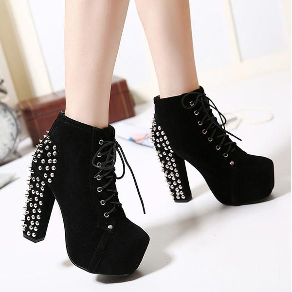 Round Toe Lace Up Rivets Short Boots Heels on Luulla