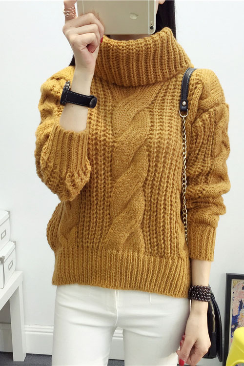 High Neck Candy Color Cable Knit Pullover Sweater on Luulla